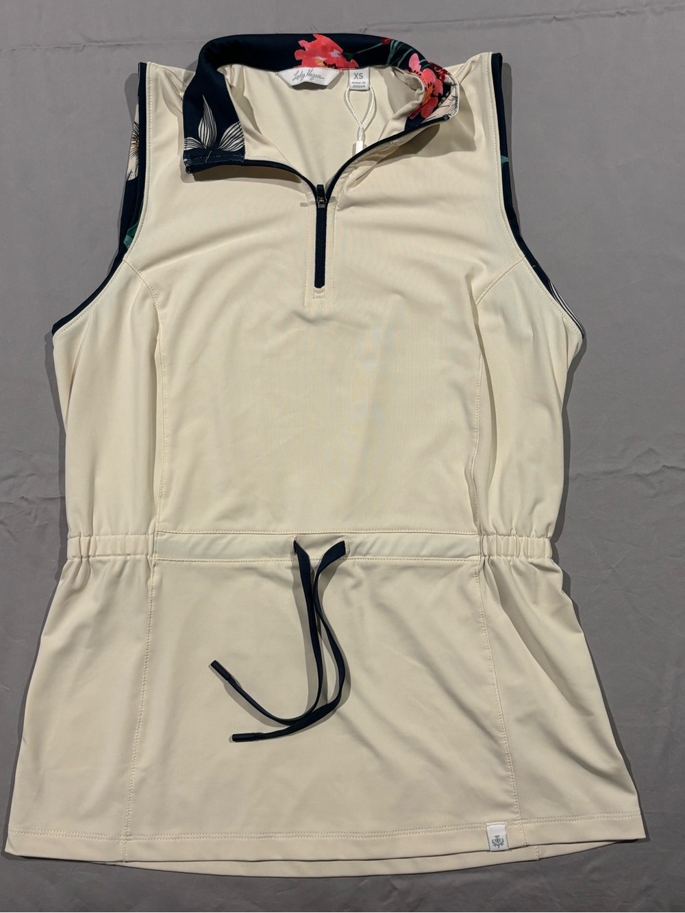 Lady Hagen Cream Sleeveless Zip-Front Tank with Floral Trim